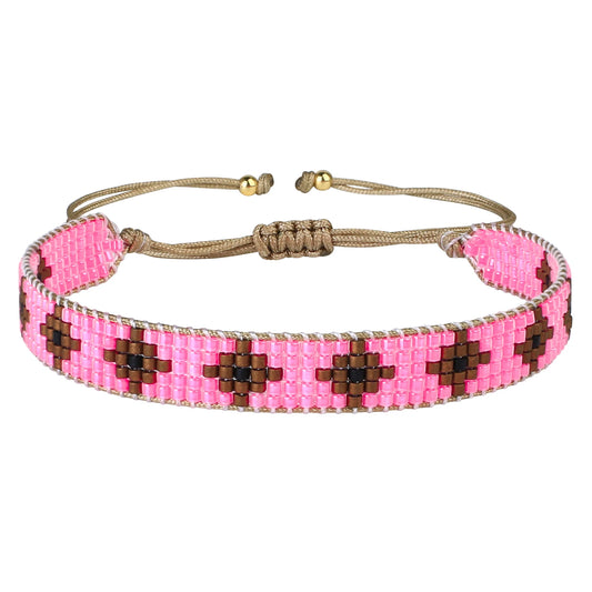 5-Layer Miyuki Bracelet - Unique Brown Snowflakes with Blue Pink Green Beads Elegant Handmade Statement Jewelry
